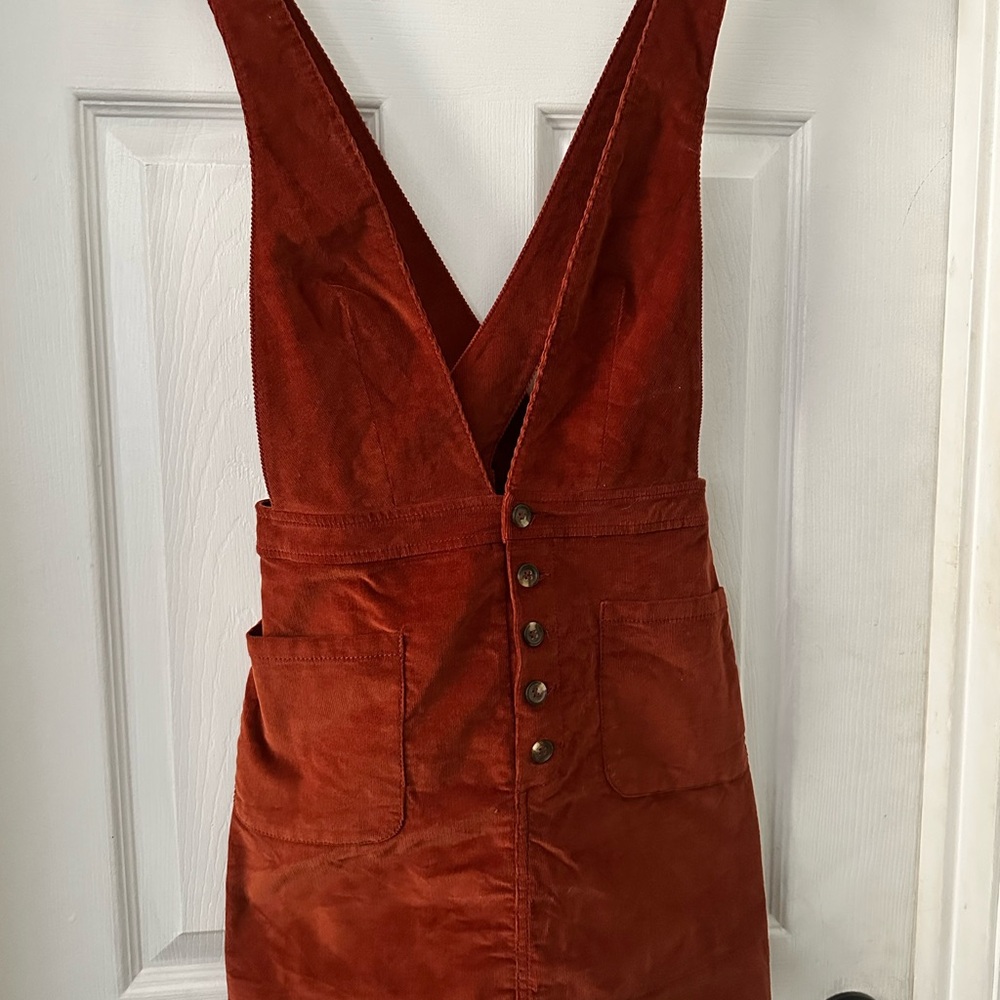 Free People Burnt Orange Corduroy Overall Skirt Pinafore Dress with Pockets